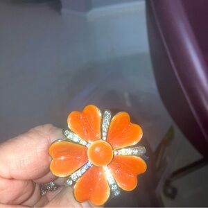 Vintage, huge, orange enamel flower ring rhinestone adjust